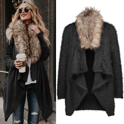 Damen Strickcardigan Flauschig Abnehmbarer Kunstfellkragen Norvielle