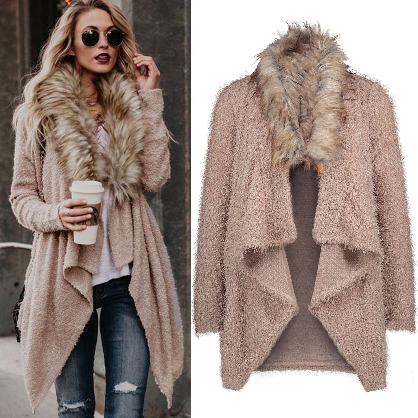 Damen Strickcardigan Flauschig Abnehmbarer Kunstfellkragen Norvielle