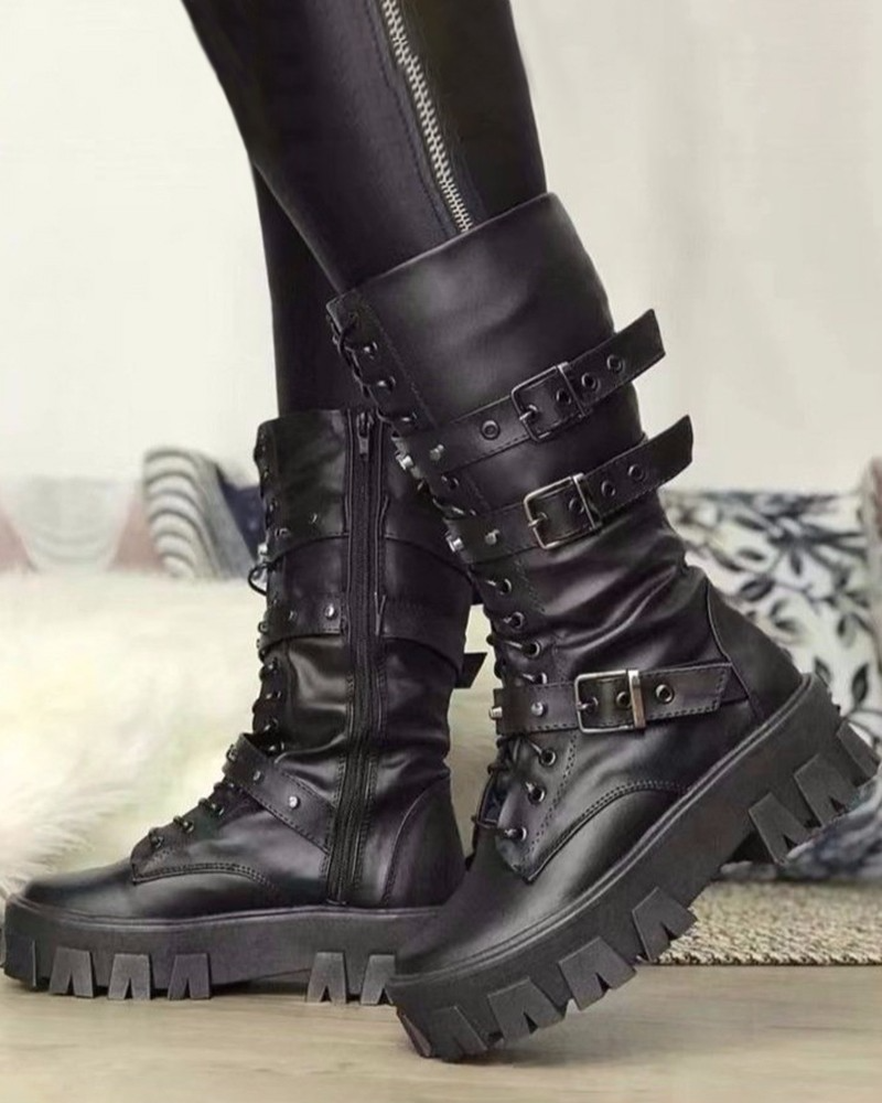 Ceridwynn Damen Military Stiefel Leder Schnürung Schwarz - Norvielle