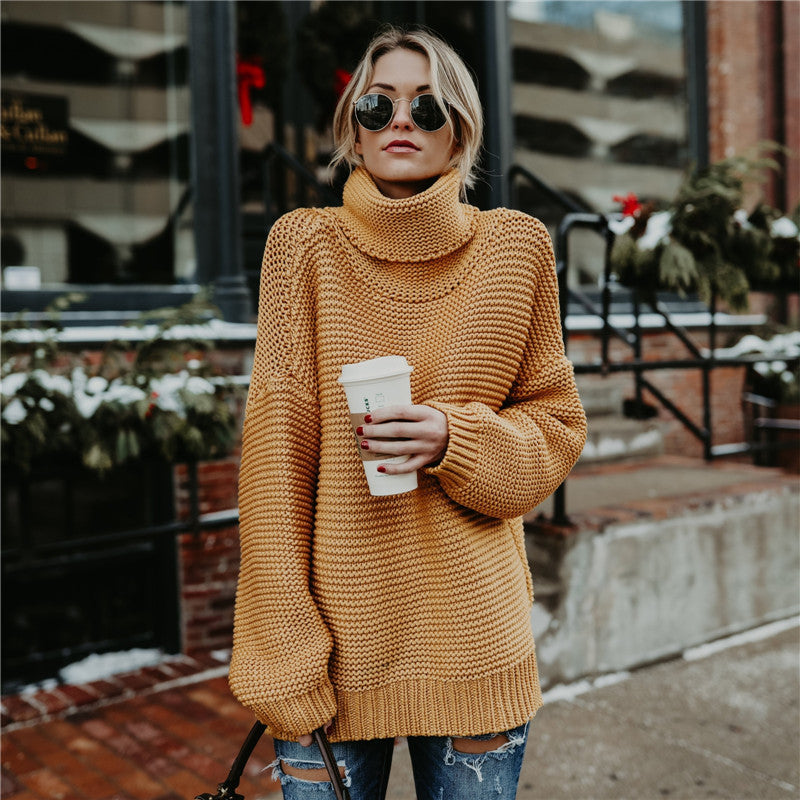 Damen Grobstrickpullover Hohem Rollkragen Extravagante