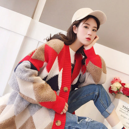 Damen Grobstrickjacke Rautenmuster Komfortschnitt Norvielle