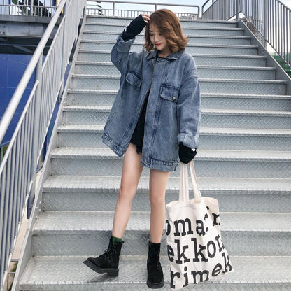 Damen Oversized Denimjacke Dekorative Taschen