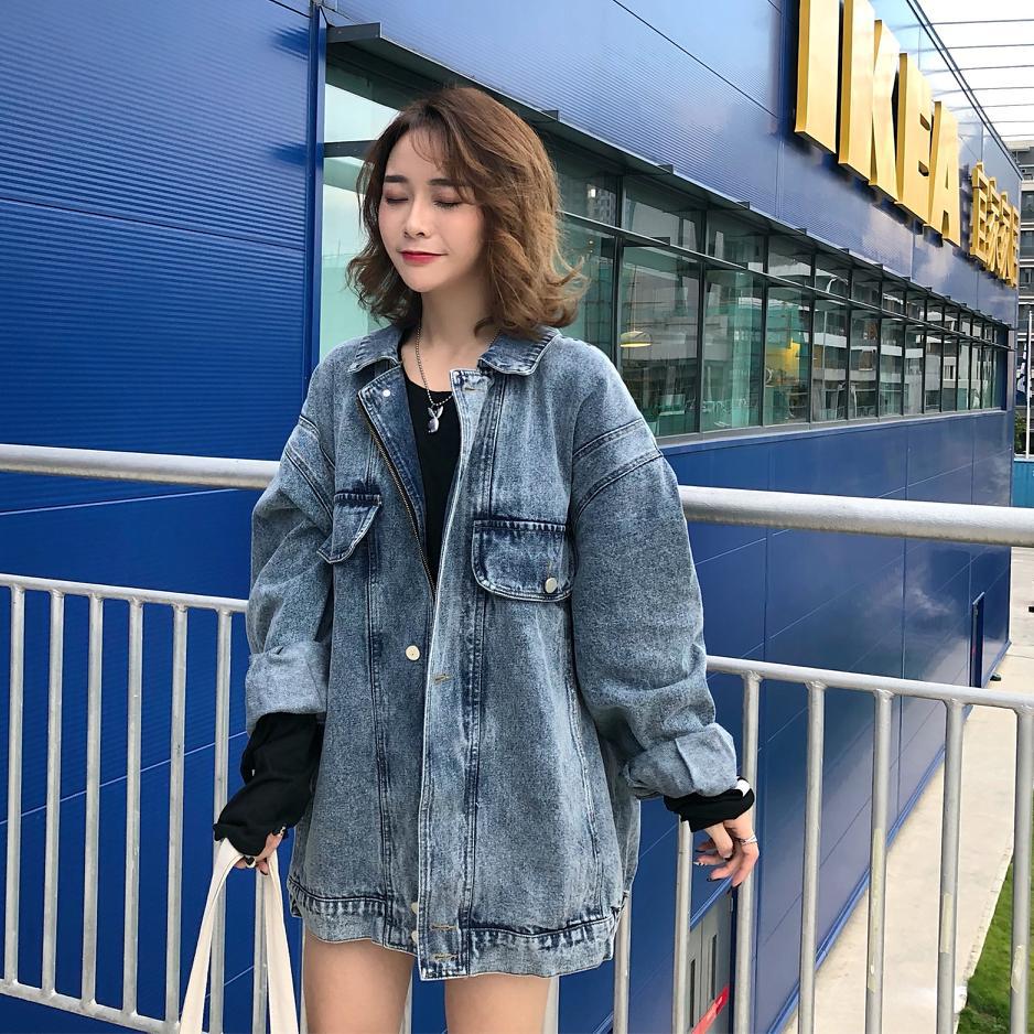 Damen Oversized Denimjacke Dekorative Taschen Blau - Norvielle