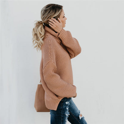 Damen Grobstrickpullover Hoher Kragen Voluminöse Ärmel Norvielle