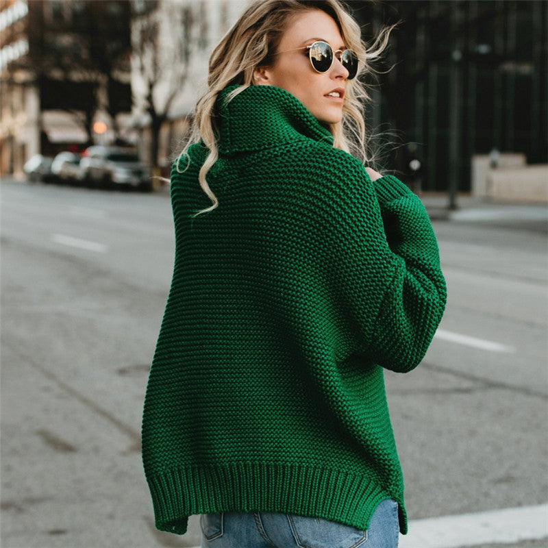 Damen Grobstrickpullover Hoher Kragen Voluminöse Ärmel Norvielle