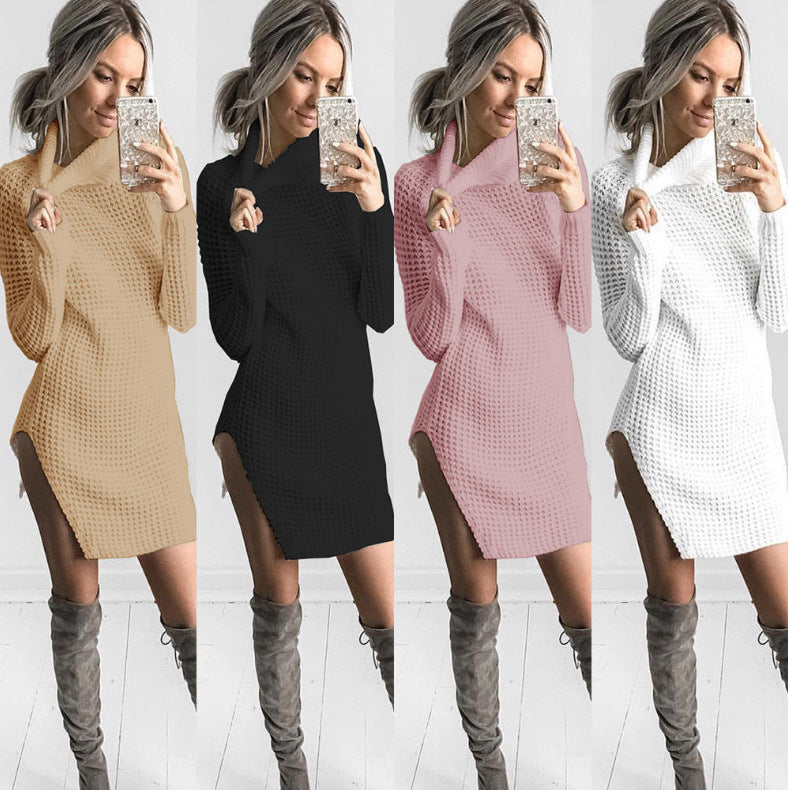 Damen Strickpullover Hochkragen Seitenschlitz Norvielle