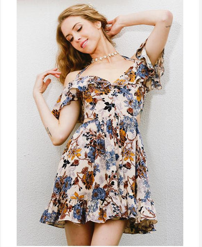 Damen Sommerkleid Rüschendesign Blumenmuster Verstellbare Träger
