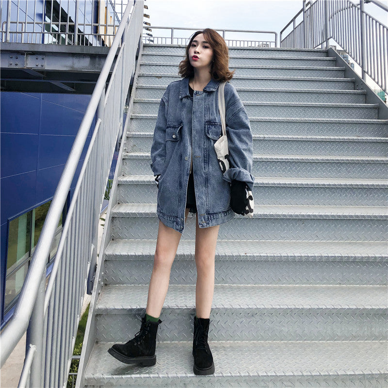 Damen Oversized Denimjacke Dekorative Taschen