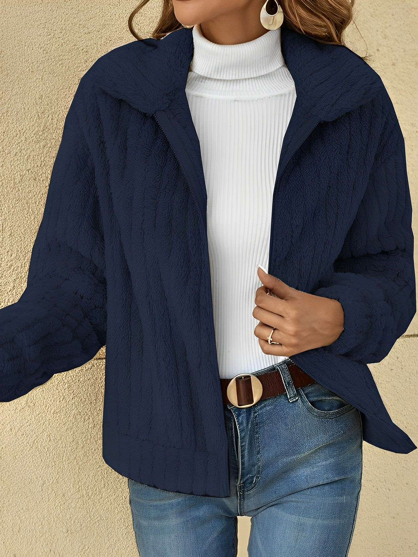 Damen Teddyjacke Kurz Kuschelig Reißverschluss Beige