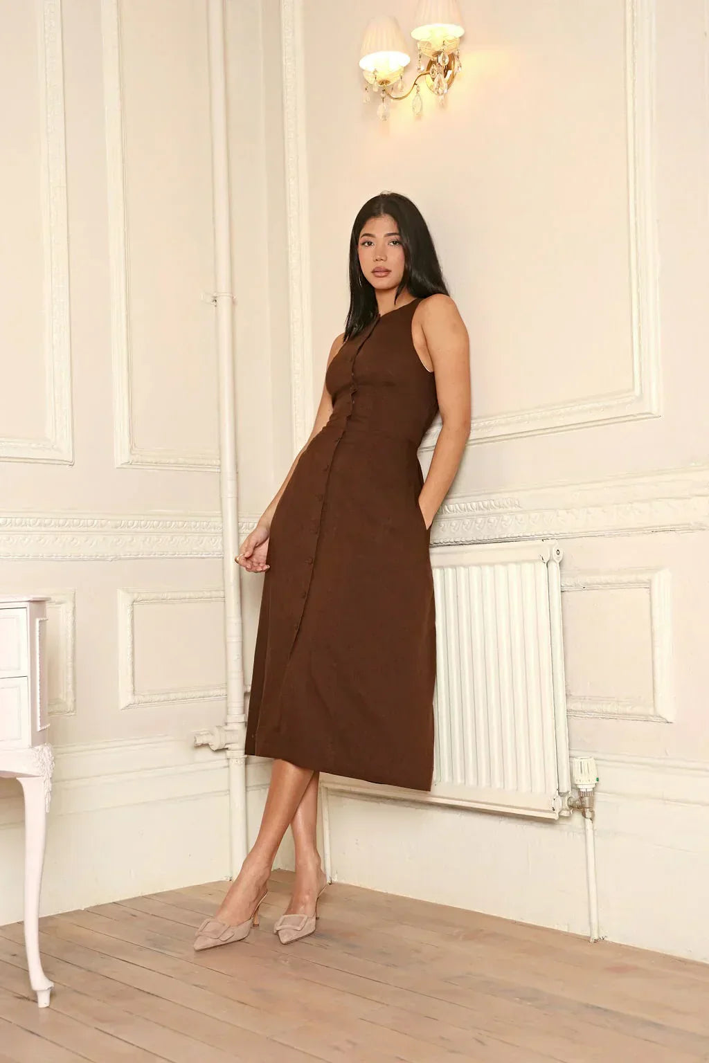 Damen Ärmelloses Leinenkleid Figurformend