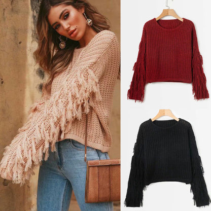 Damen Strickpullover mit Fransen Ärmeln und Struktur Oberfläche - Norvielle