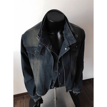 Dunkelblaue Jeansjacke Unisex Ausgefranster Saum