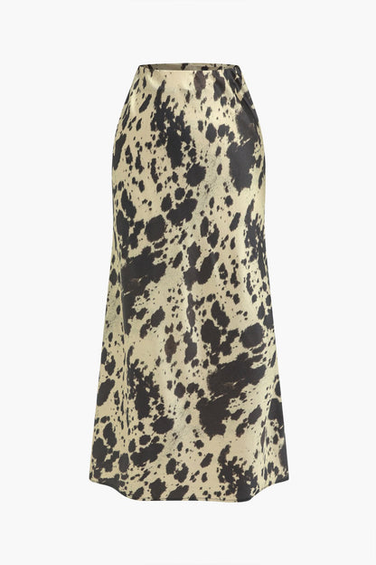 Damen Midirock Satin Kuhfellmuster Hochtailliert - Norvielle