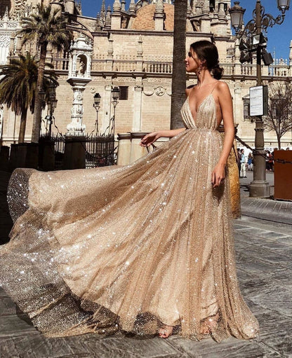 Damen Abendkleid Tiefes V mit Tüll Schimmernd Norvielle