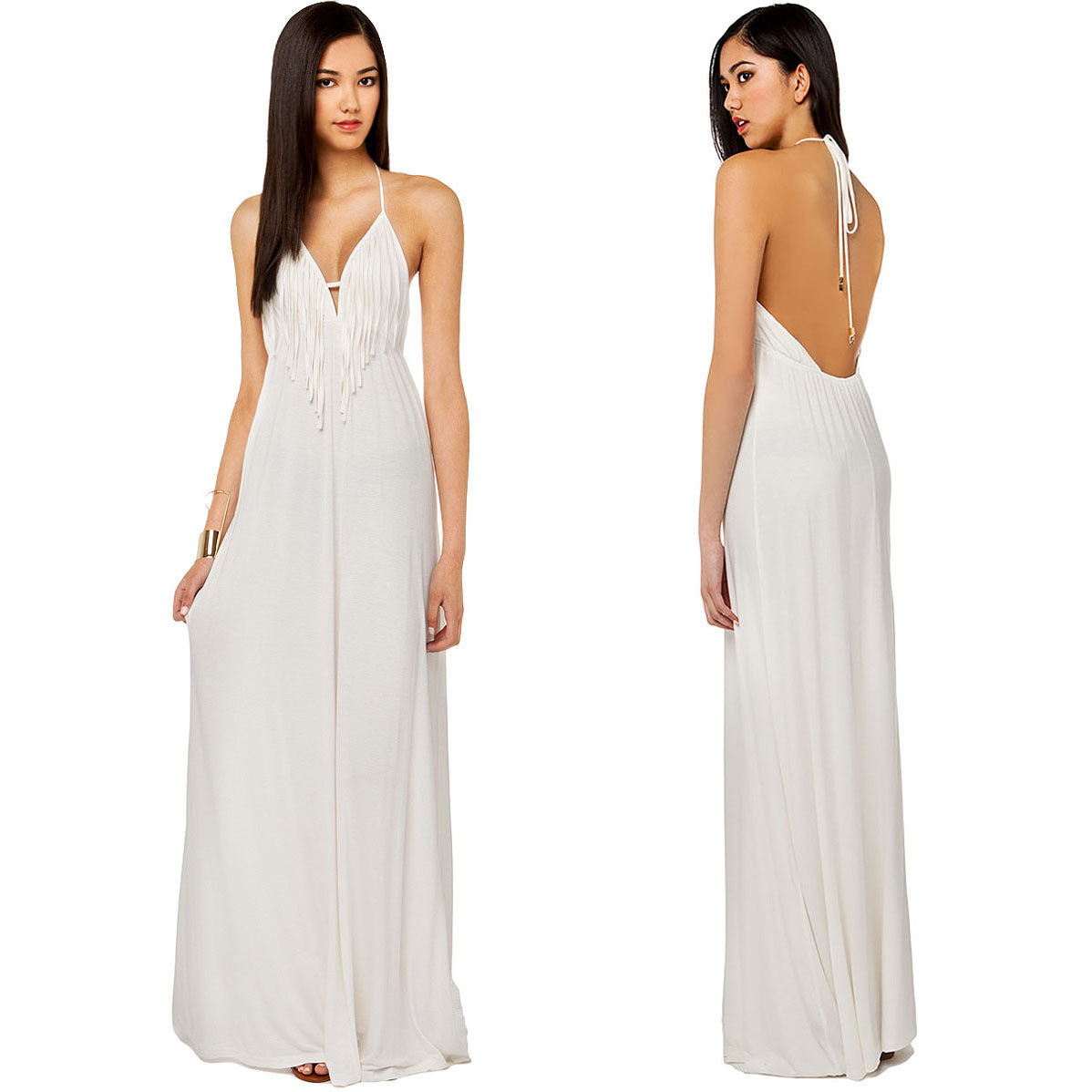 Damen Maxi-Kleid Fransen V-Ausschnitt