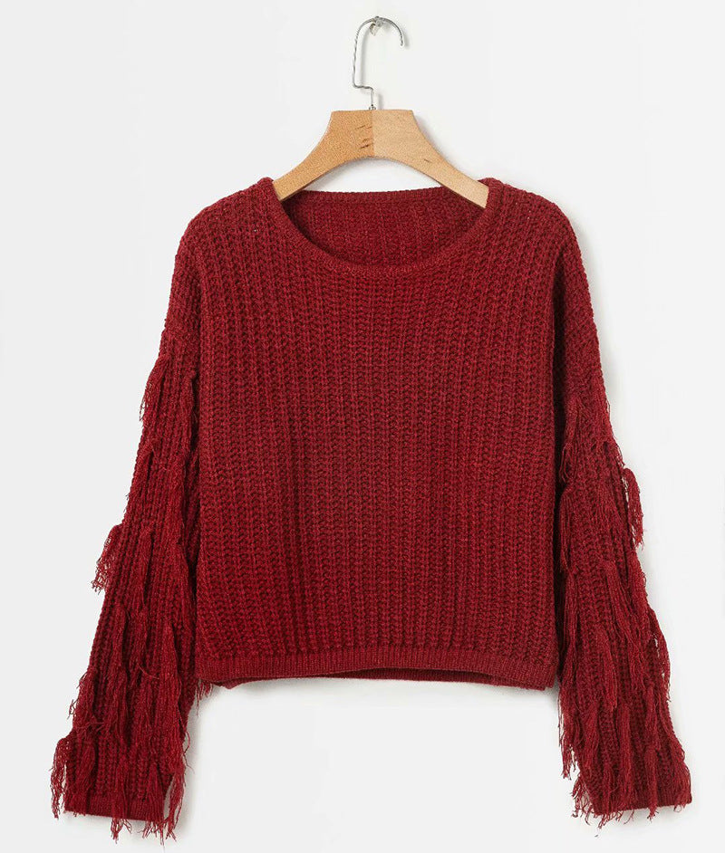 Damen Strickpullover mit Fransen Ärmeln und Komfortschnitt