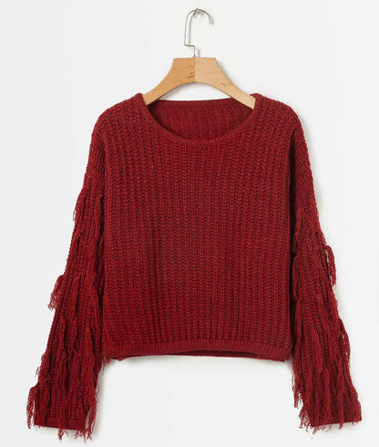 Damen Strickpullover mit Fransen Ärmeln und Komfortschnitt