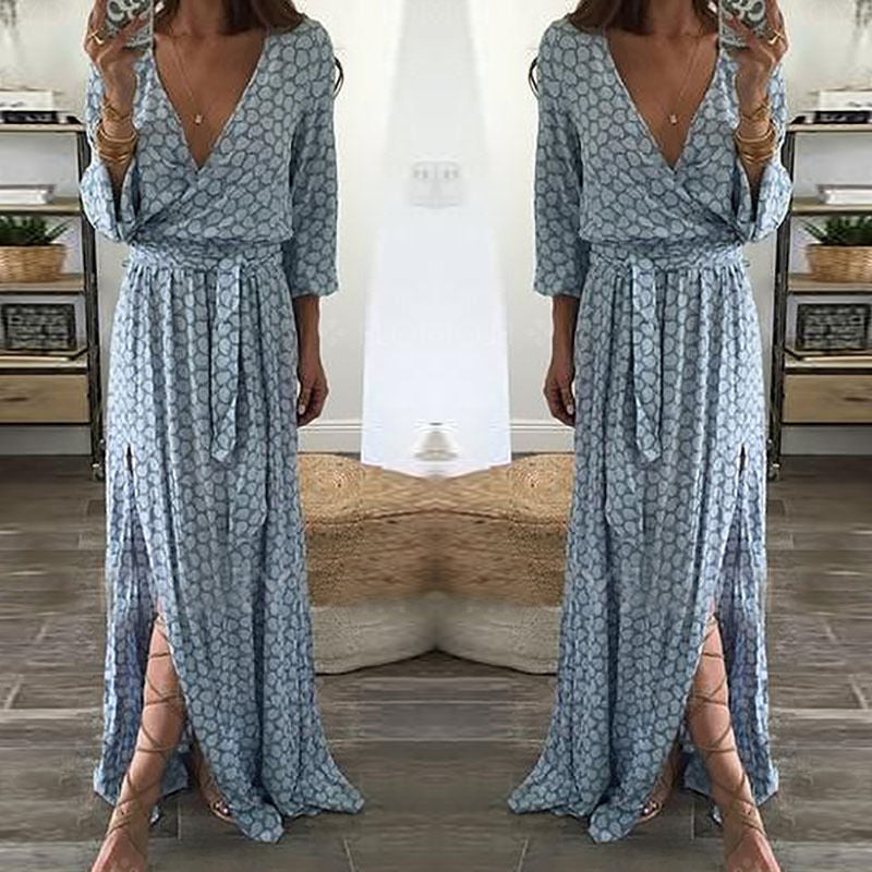 Damen Maxi-Kleid V-Ausschnitt Seidenlook