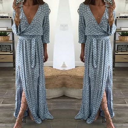 Damen Maxi-Kleid V-Ausschnitt Seidenlook