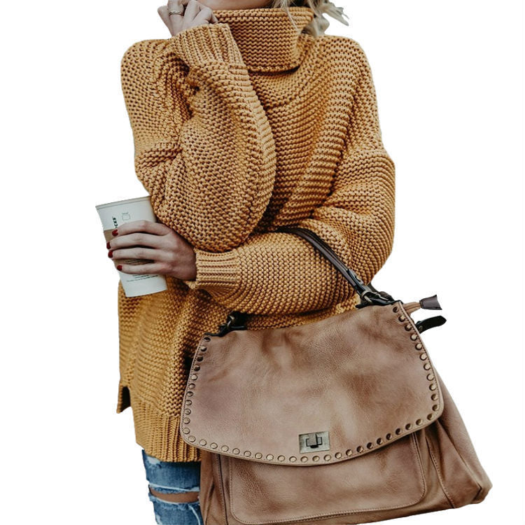 Damen Grobstrickpullover Hochkragen Strukturiert Beige - Norvielle