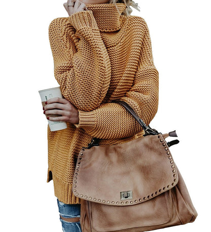 Damen Grobstrickpullover Hochkragen Strukturiert Beige
