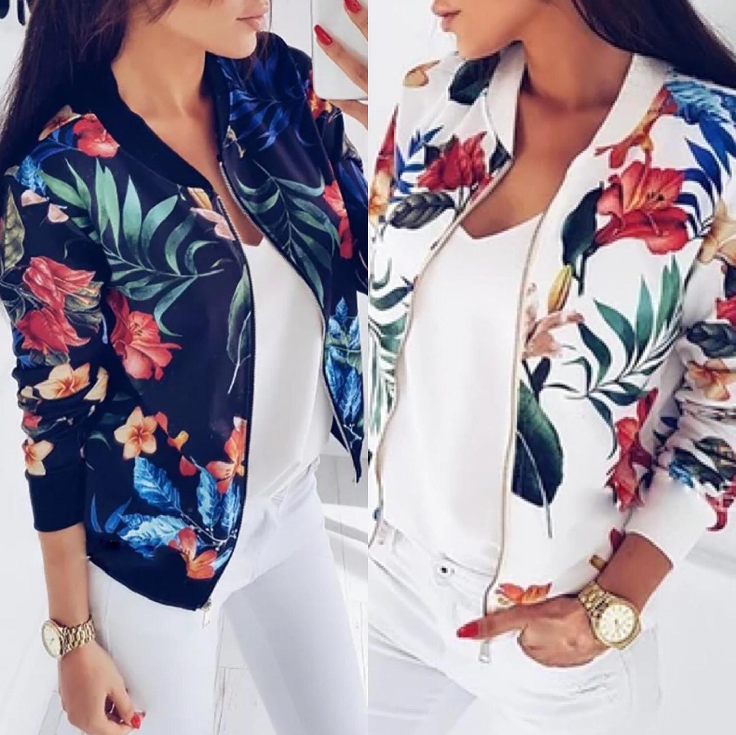 Damen Blousonjacke Tropisches Blumenmuster Elastisch Norvielle