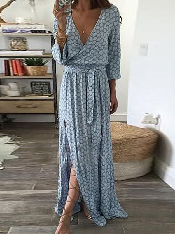 Damen Maxi-Kleid V-Ausschnitt Seidenlook