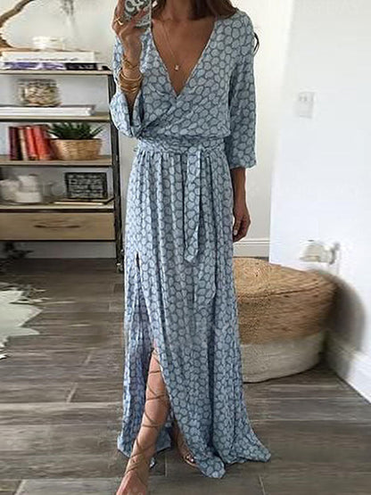 Damen Maxi-Kleid V-Ausschnitt Seidenlook