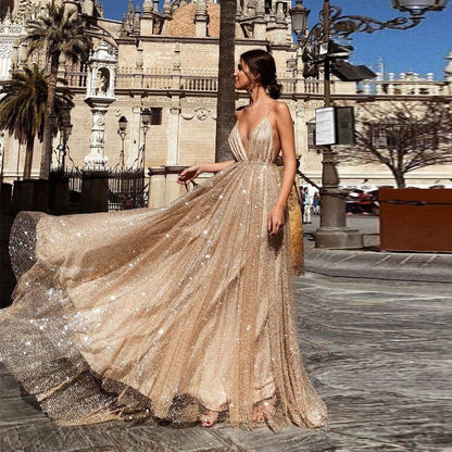Damen Abendkleid Tiefes V mit Tüll Schimmernd Norvielle - Norvielle