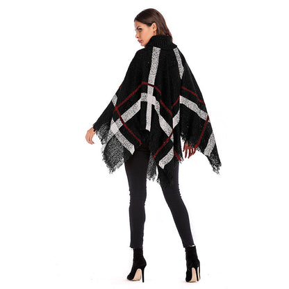 Damen Oversized Poncho Rollkragen Karomuster Norvielle