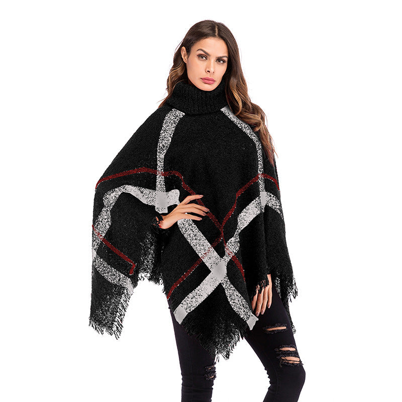 Damen Oversized Poncho Rollkragen Karomuster Norvielle