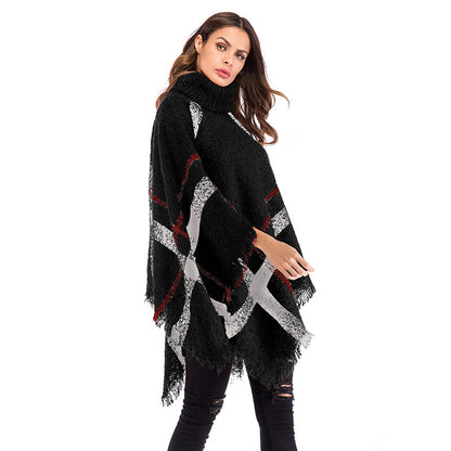 Damen Oversized Poncho Rollkragen Karomuster Norvielle