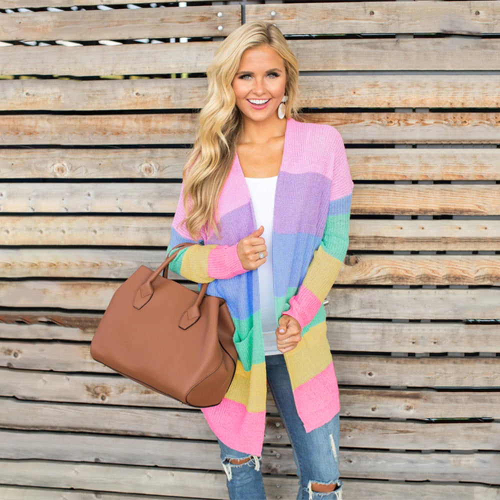 Damen Strickjacke Bunt Muster mit Taschen