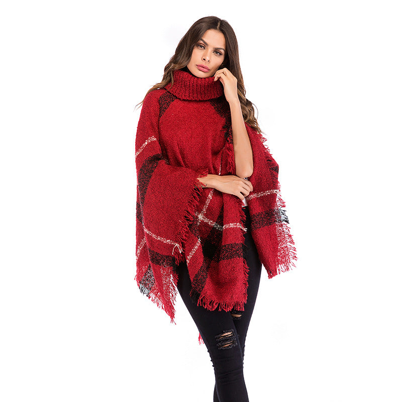 Damen Oversized Poncho Rollkragen Karomuster Norvielle
