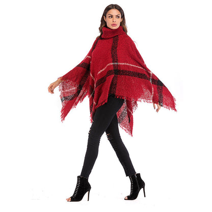 Damen Oversized Poncho Rollkragen Karomuster Norvielle