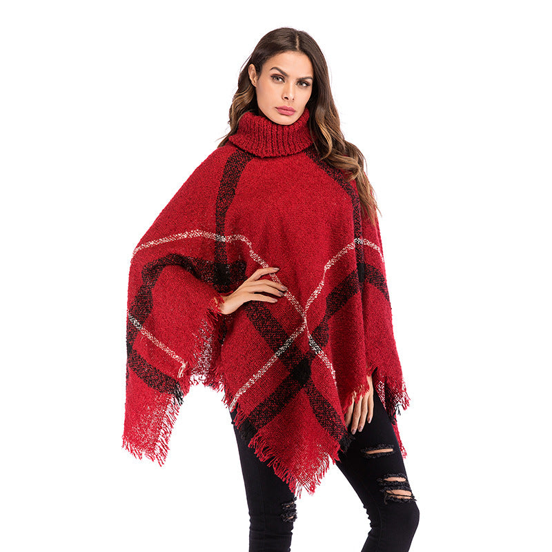 Damen Oversized Poncho Rollkragen Karomuster Norvielle