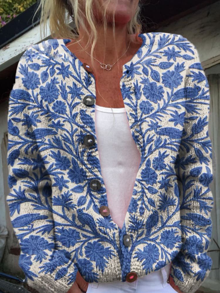 Damen Strickjacke Blumenstickerei Knopfleiste - Norvielle