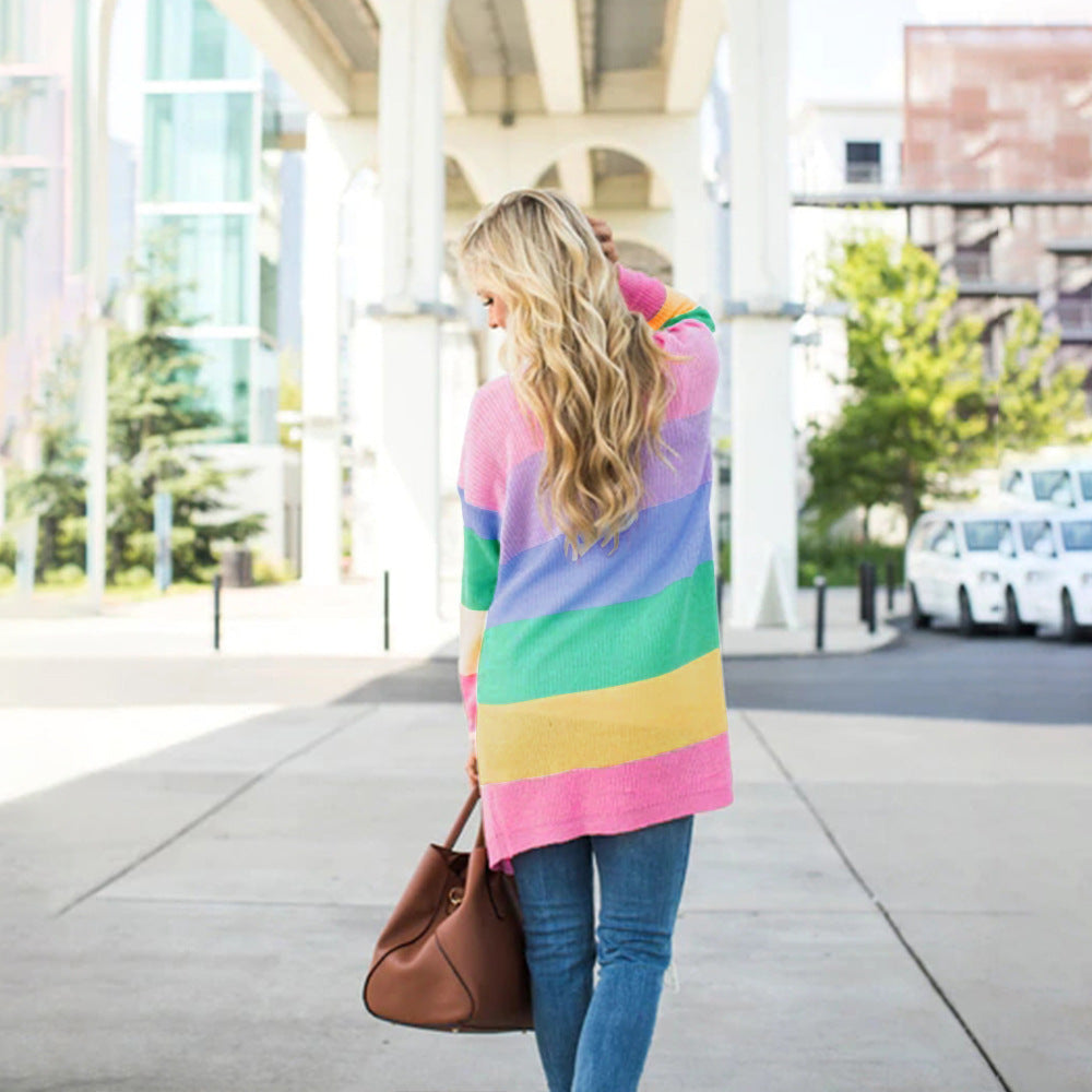 Damen Strickjacke Bunt Muster mit Taschen