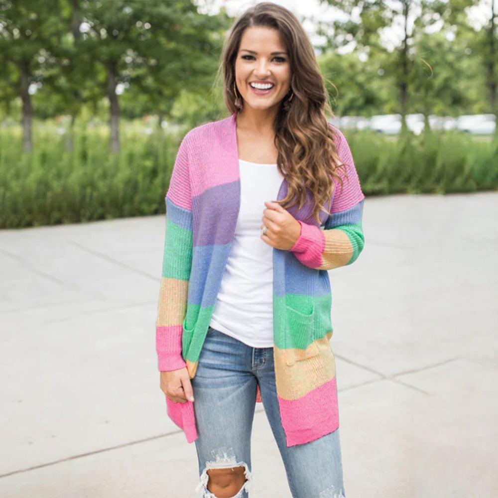 Damen Strickjacke Bunt Muster mit Taschen