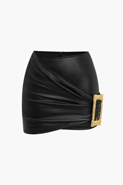 Kunstleder Minirock Damen Asymmetrisch Gold Schwarz - Norvielle