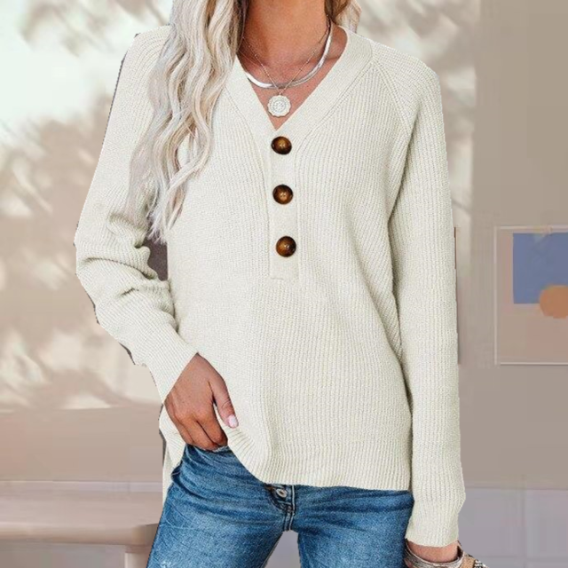 Damen Strickpullover V-Ausschnitt Teil-Knopfleiste