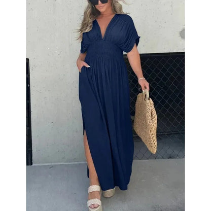 Damen Maxikleid Sommer Langes V-Ausschnitt Schlitz Boho