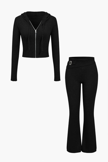 Damen Strick-Set Kapuzenjacke Schlaghose