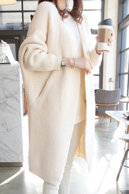 Damen Longcardigan Offene Front Feines Strickmuster Beige
