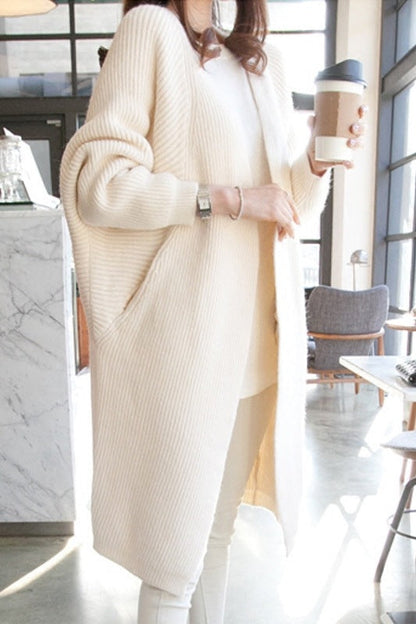 Damen Longcardigan Offene Front Feines Strickmuster Beige