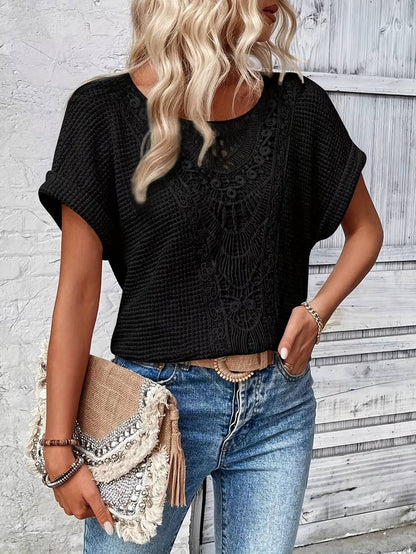 Norvielle Damen T-Shirt Spitzenspleiß Rundhals Weiss - Norvielle