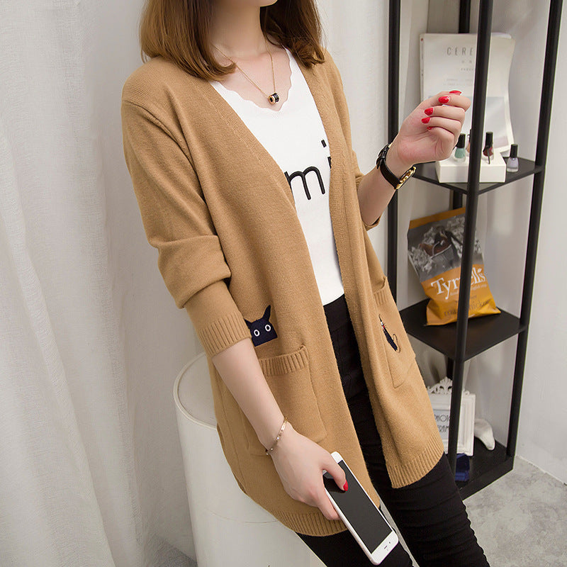 Damen Strickjacke Katzenmotiv Taschen Norvielle
