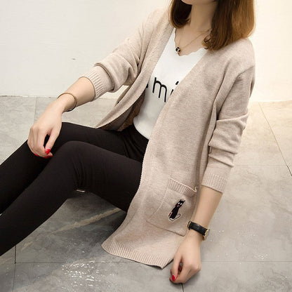 Damen Strickjacke Tiermuster Mit Taschen Beige