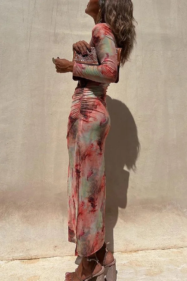 Damen Langarm Midi Kleid aus Stretch mit Rüsch und Mesh-Überzug,