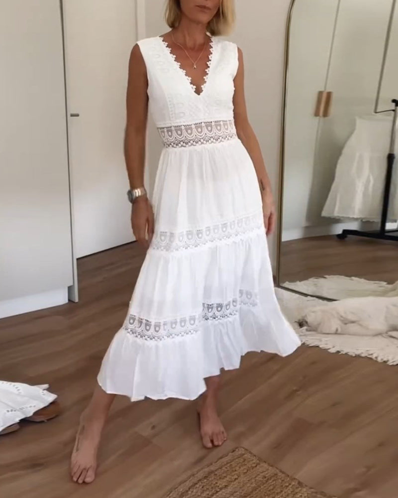 Damen Sommerkleid Midi Spitze V-Ausschnitt Luftig - Norvielle